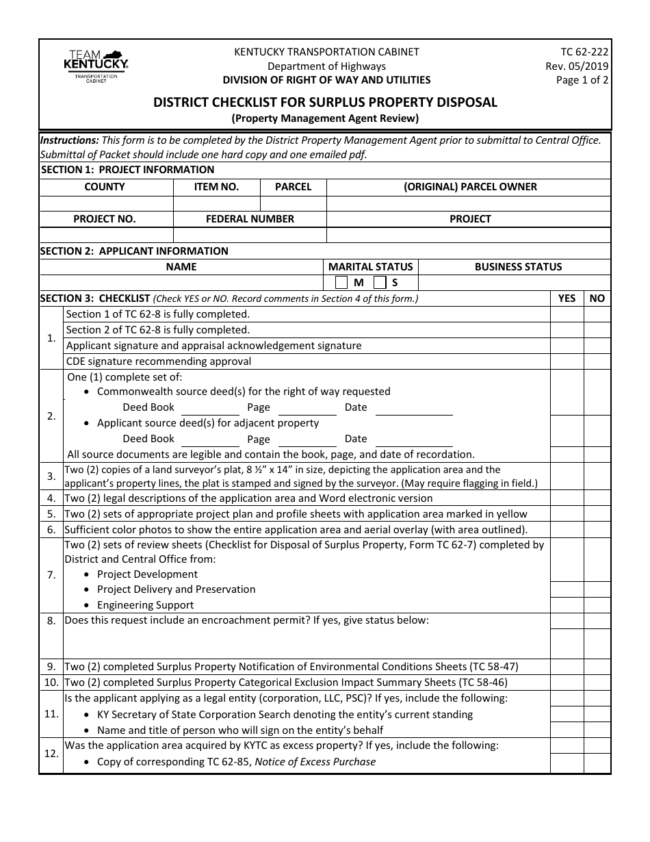 Form TC62-222 District Checklist for Surplus Property Disposal (Property Management Agent Review) - Kentucky, Page 1