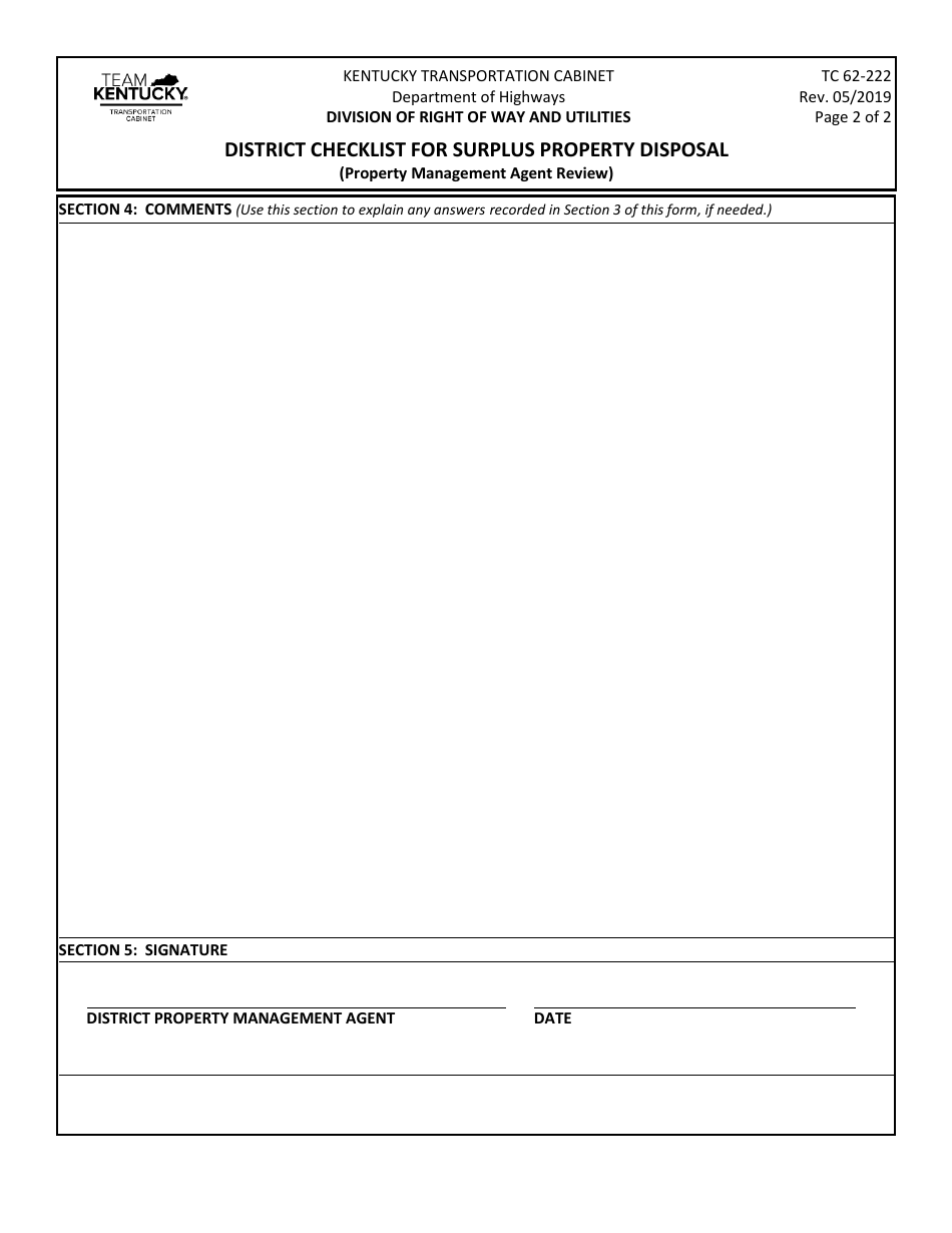 Form TC62-222 District Checklist for Surplus Property Disposal (Property Management Agent Review) - Kentucky, Page 2