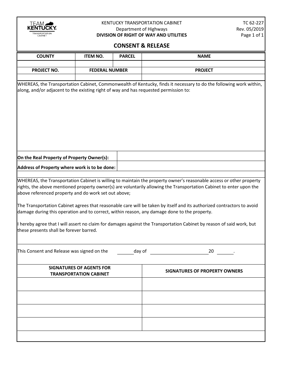 Form TC62-227 Consent  Release - Kentucky, Page 1