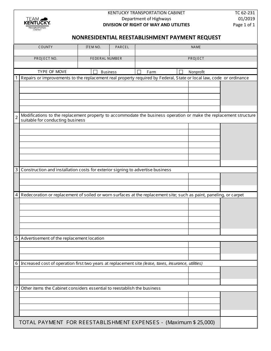 Form TC62-231 Nonresidential Reestablishment Payment Request - Kentucky, Page 1