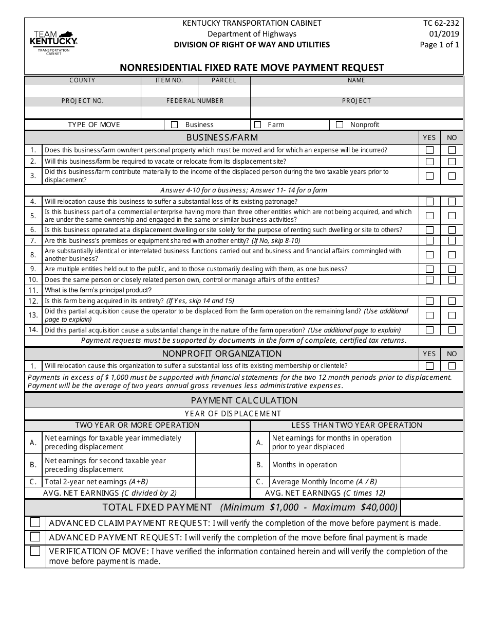Form TC62-232 Nonresidential Fixed Rate Move Payment Request - Kentucky, Page 1