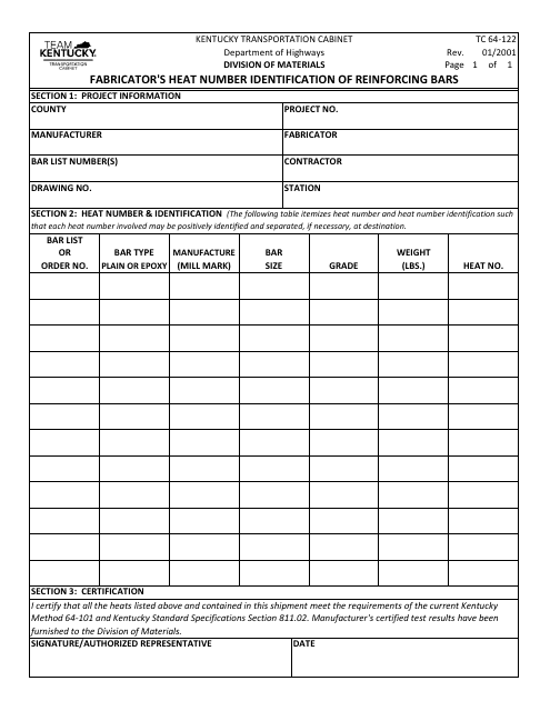 Form TC64-122 Fabricator's Heat Number Identification of Reinforcing Bars - Kentucky