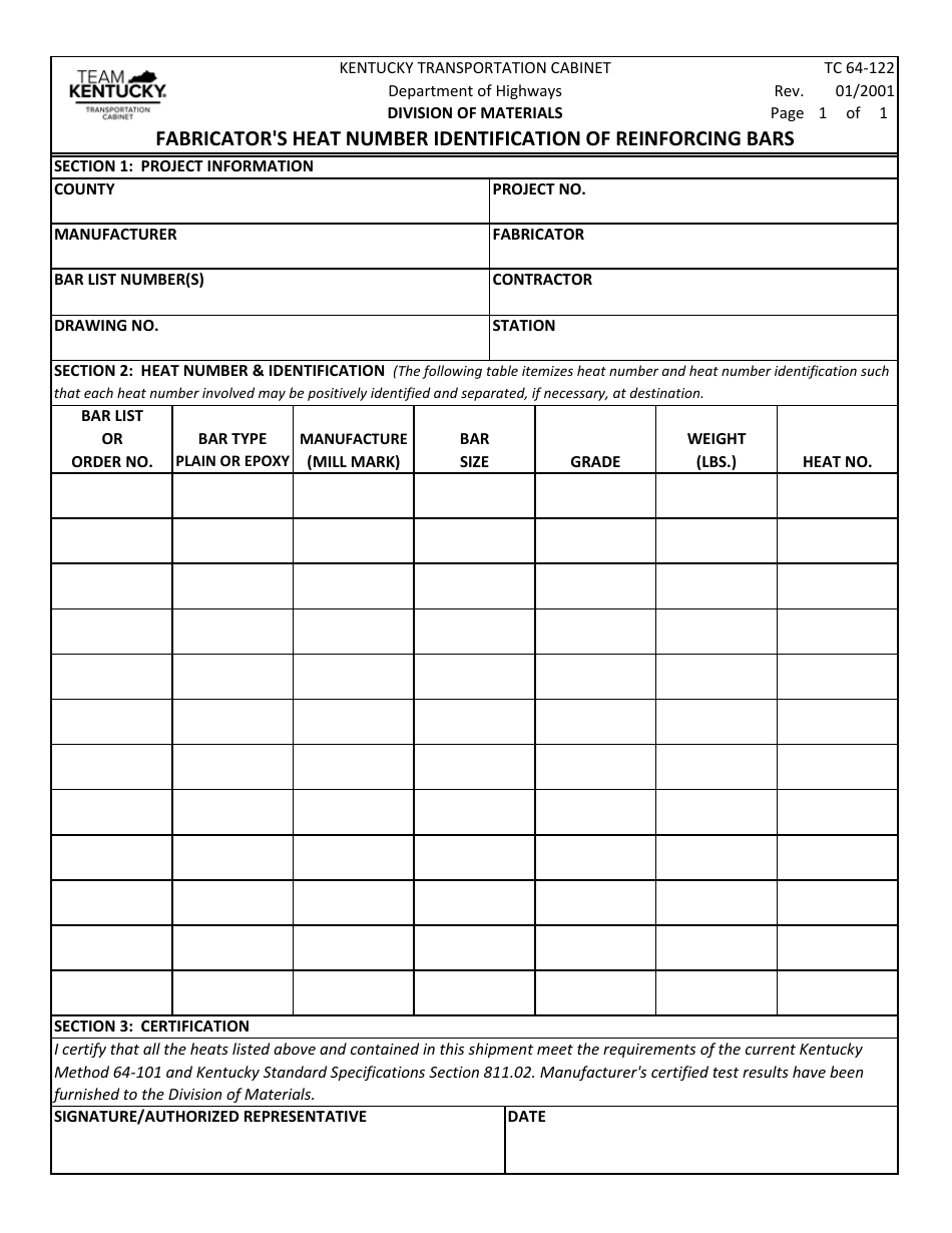 Form TC64-122 Fabricators Heat Number Identification of Reinforcing Bars - Kentucky, Page 1