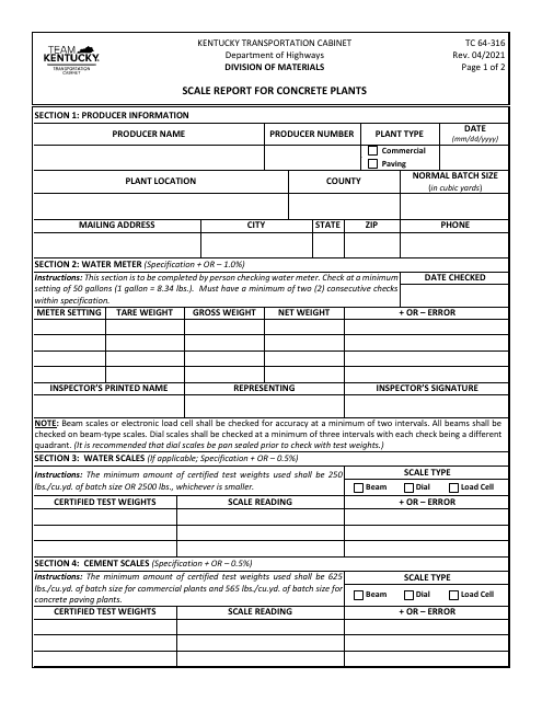 Form TC64-316 Scale Report for Concrete Plants - Kentucky