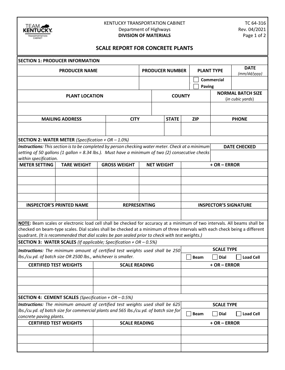 Form TC64-316 Scale Report for Concrete Plants - Kentucky, Page 1