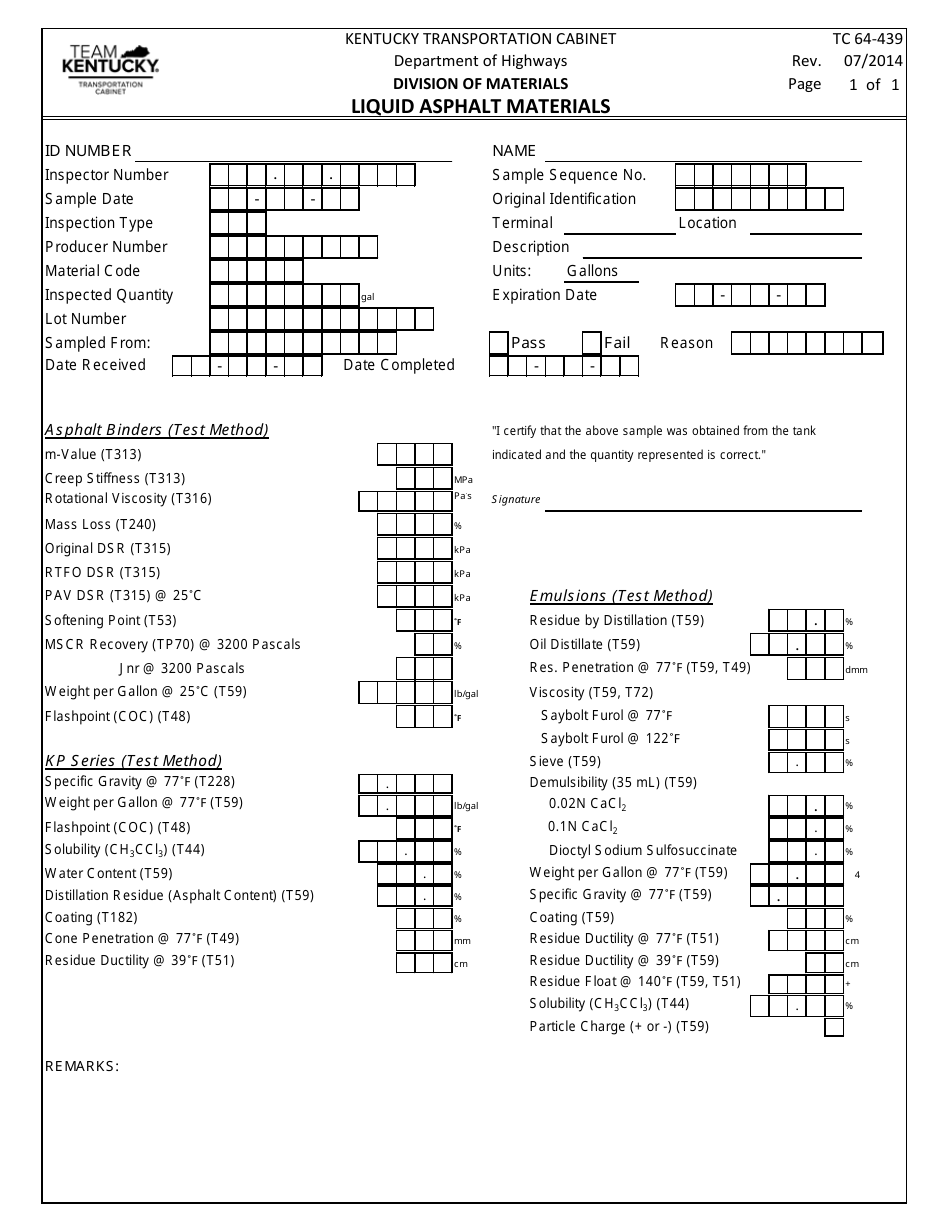 Form TC64-439 Liquid Asphalt Materials - Kentucky, Page 1