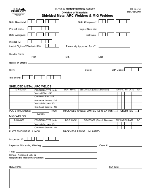 Form TC64-753 Shielded Metal ARC Welders & Mig Welders - Kentucky