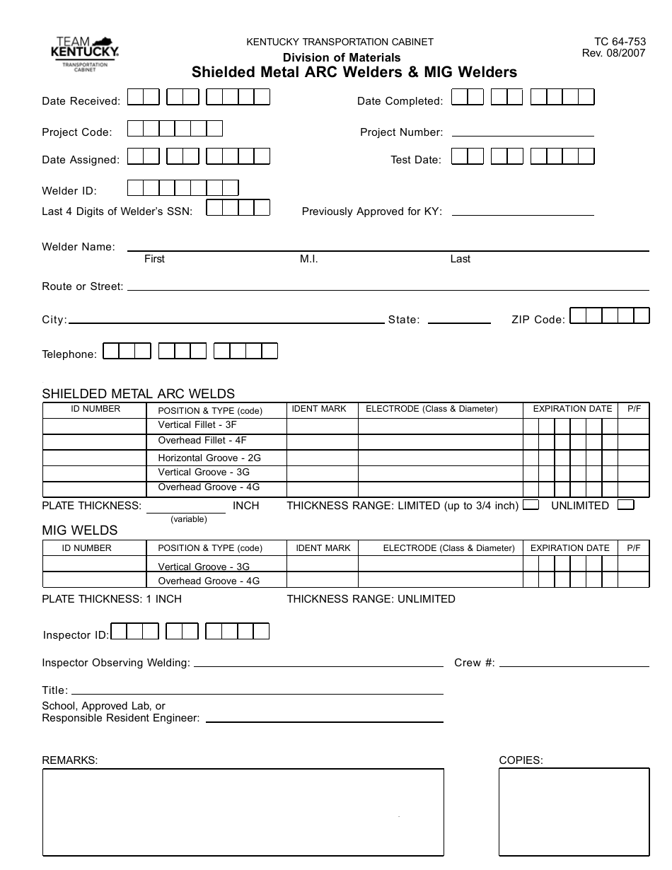 Form TC64-753 Shielded Metal ARC Welders  Mig Welders - Kentucky, Page 1