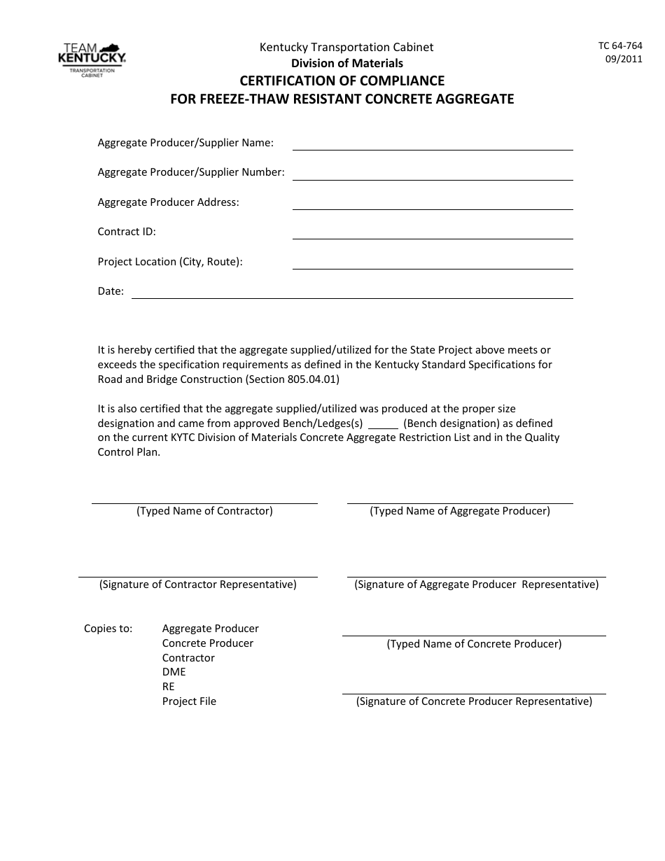 Form TC64-764 Certification of Compliance for Freeze-Thaw Resistant Concrete Aggregate - Kentucky, Page 1