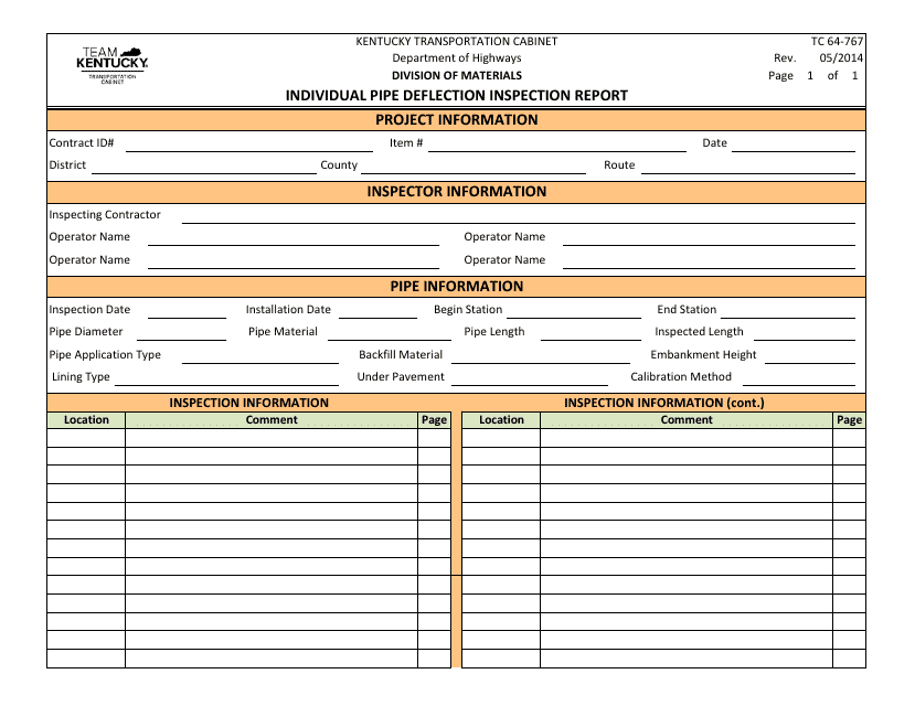 Form TC64-767 Individual Pipe Deflection Inspection Report - Kentucky