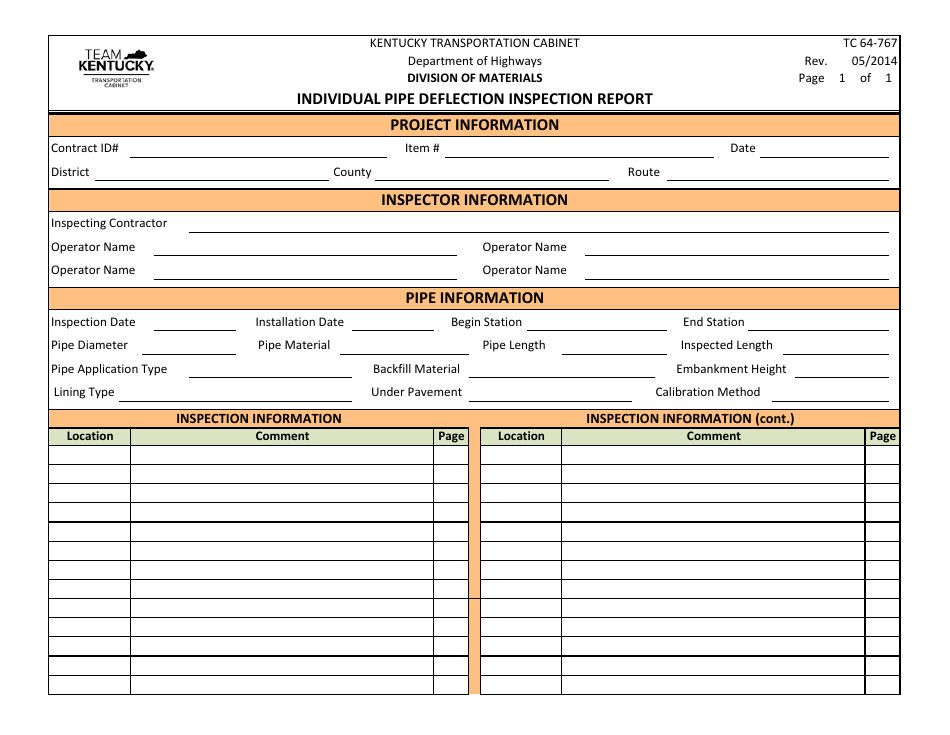 Form TC64-767 Individual Pipe Deflection Inspection Report - Kentucky, Page 1