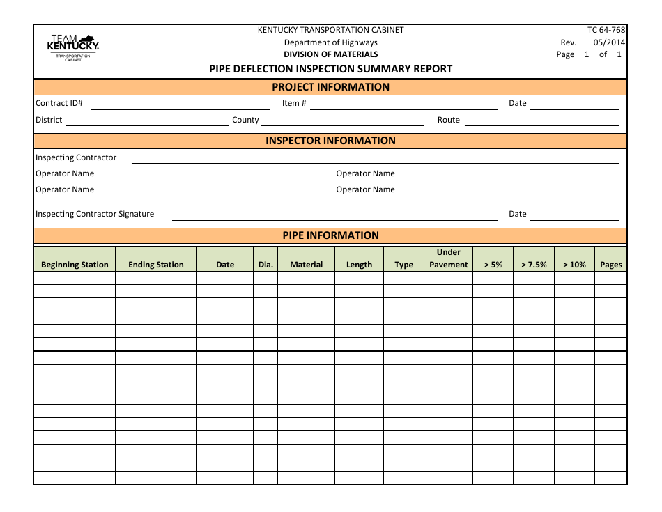 Form TC-64-768 Pipe Deflection Inspection Summary Report - Kentucky, Page 1