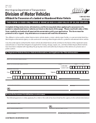 Document preview: Form DMV-130-TR Affidavit for Possession of a Junked or Abandoned Motor Vehicle - West Virginia