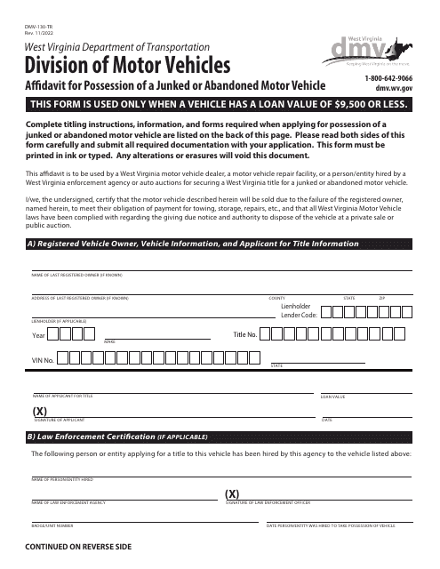 Form DMV-130-TR  Printable Pdf