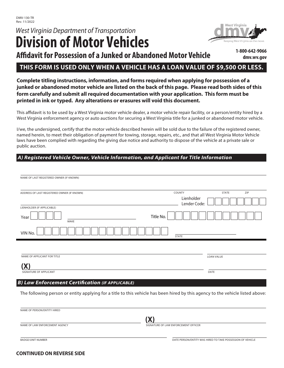 Form DMV-130-TR Affidavit for Possession of a Junked or Abandoned Motor Vehicle - West Virginia, Page 1