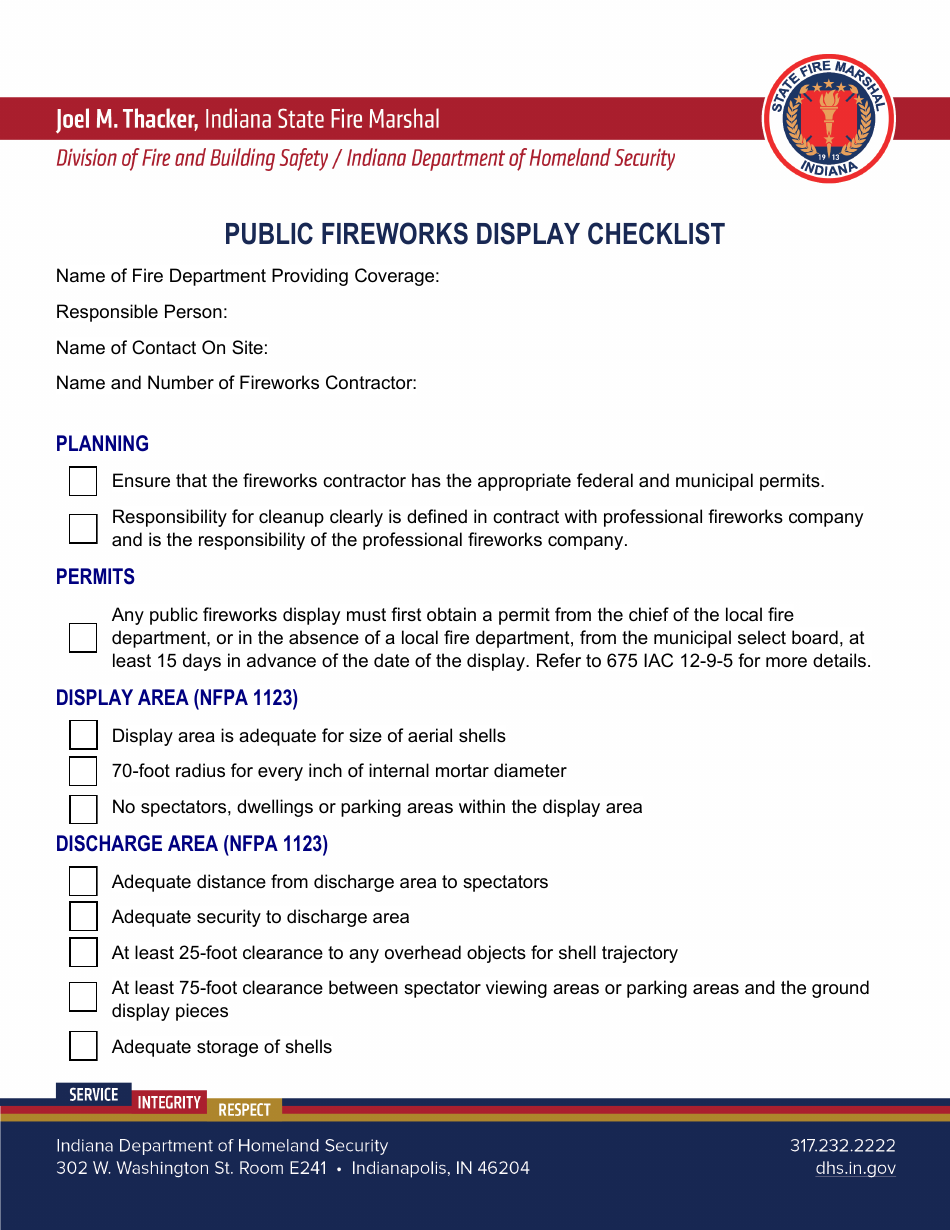 Public Fireworks Display Checklist - Indiana, Page 1