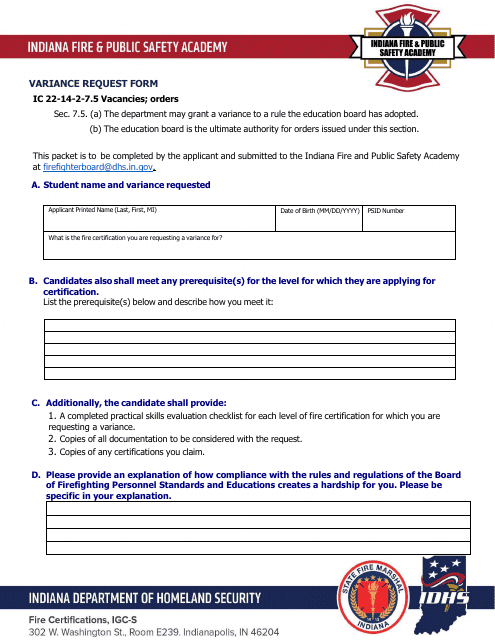 Variance Request Form - Indiana Download Pdf