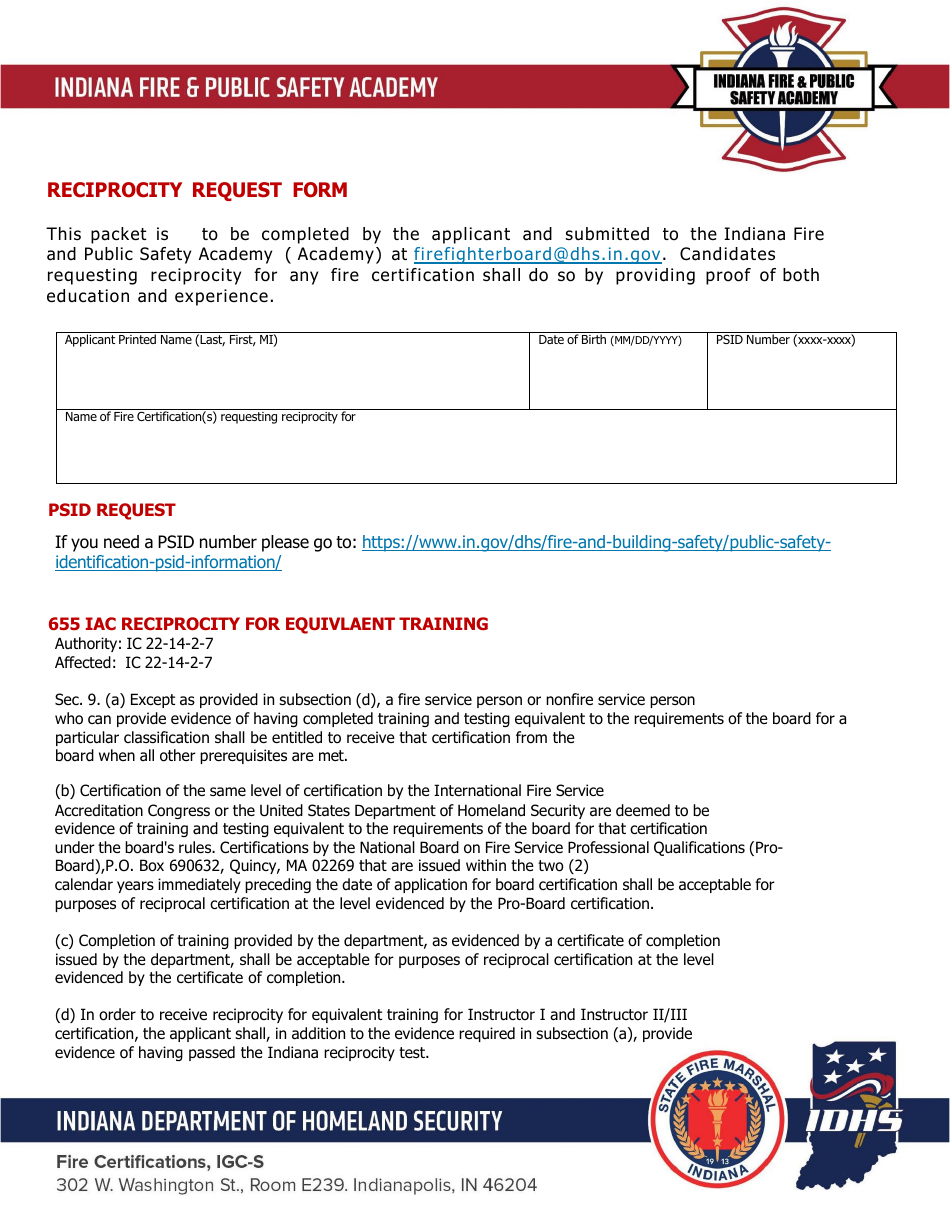 Reciprocity Request Form - Indiana, Page 1