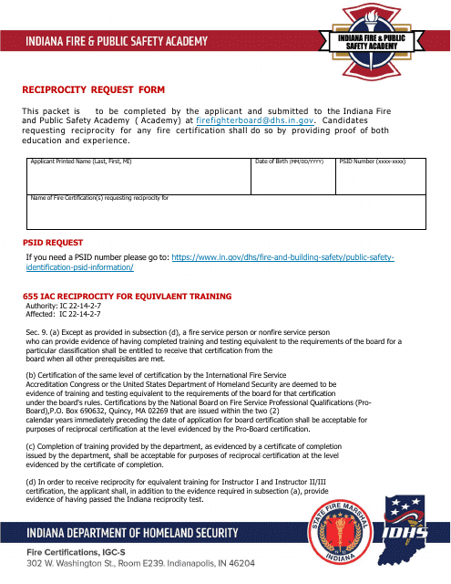 Reciprocity Request Form - Indiana Download Pdf