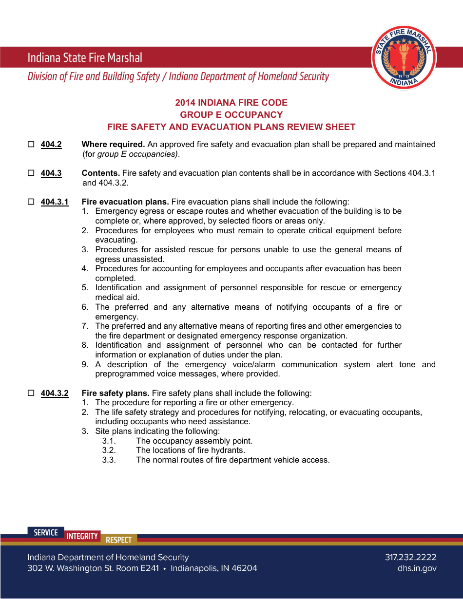 Fire Safety and Evacuation Plans Review Sheet - Group E Occupancy - Indiana, Page 1