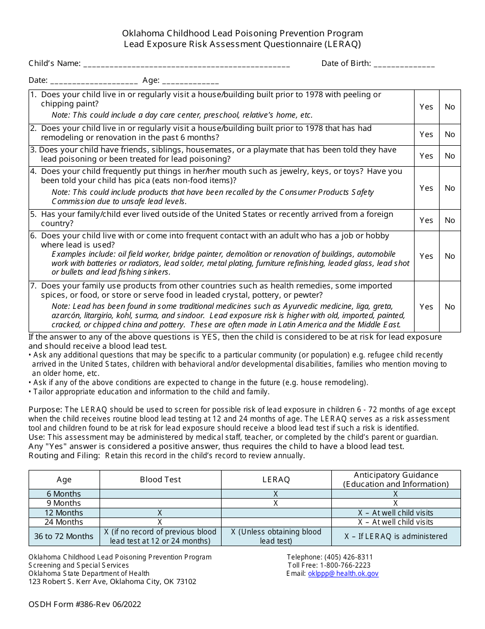ODH Form 386 Lead Exposure Risk Assessment Questionnaire (Leraq) - Oklahoma Childhood Lead Poisoning Prevention Program - Oklahoma, Page 1