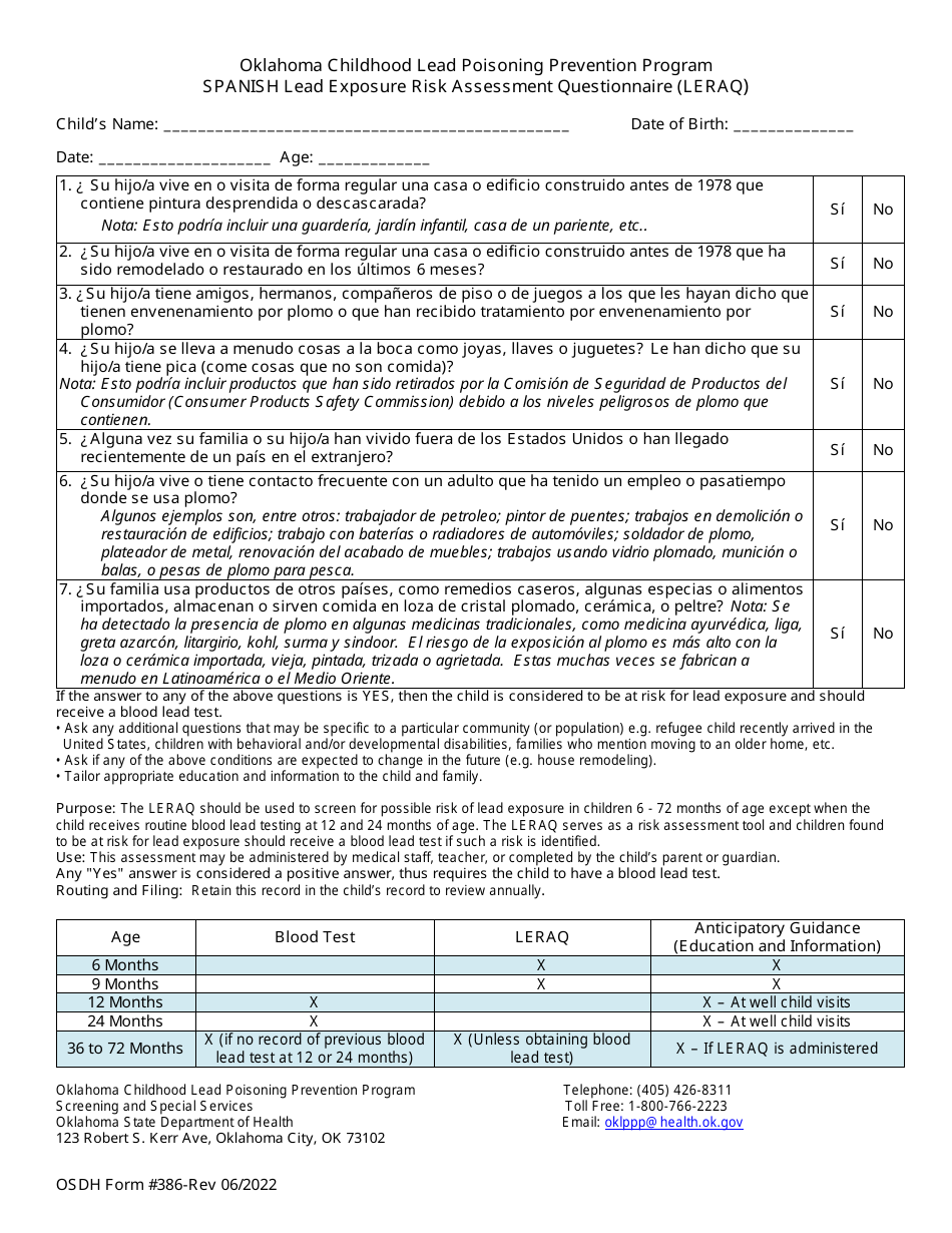 ODH Form 386 Lead Exposure Risk Assessment Questionnaire (Leraq) - Oklahoma Childhood Lead Poisoning Prevention Program - Oklahoma (English / Spanish), Page 1