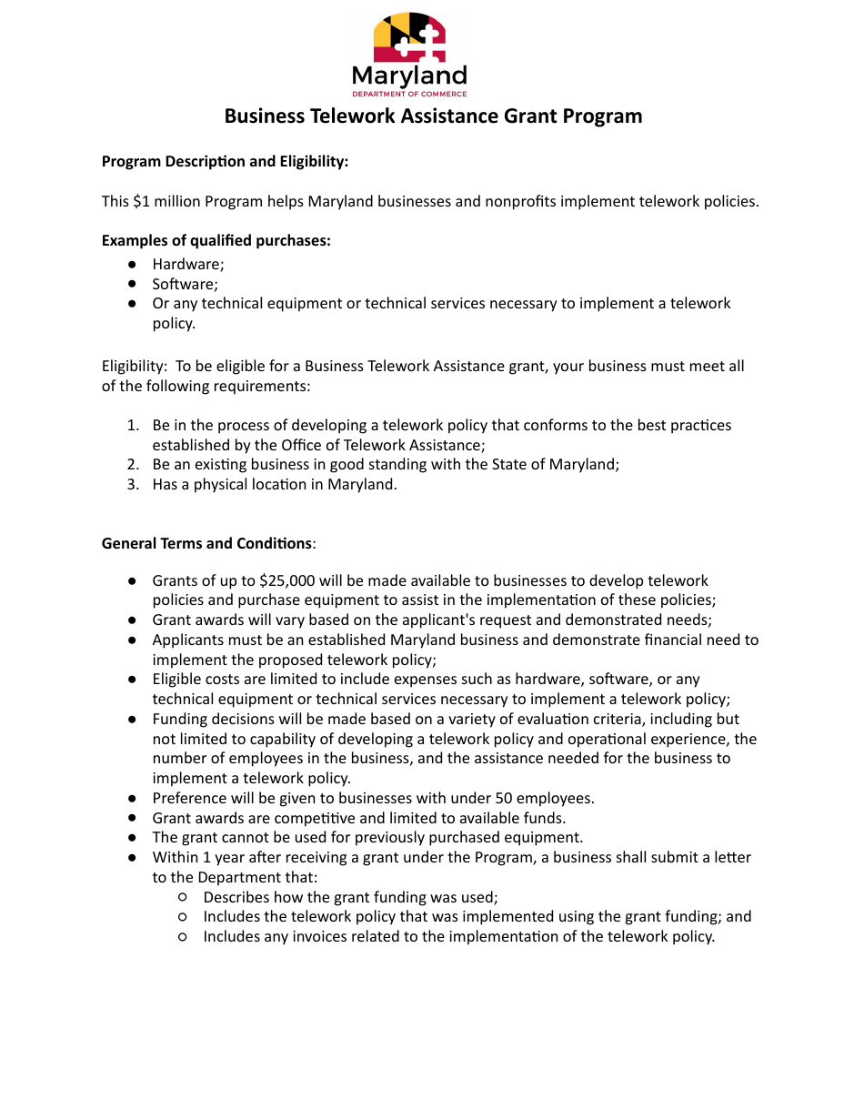 Business Telework Assistance Grant Program Application - Maryland, Page 1