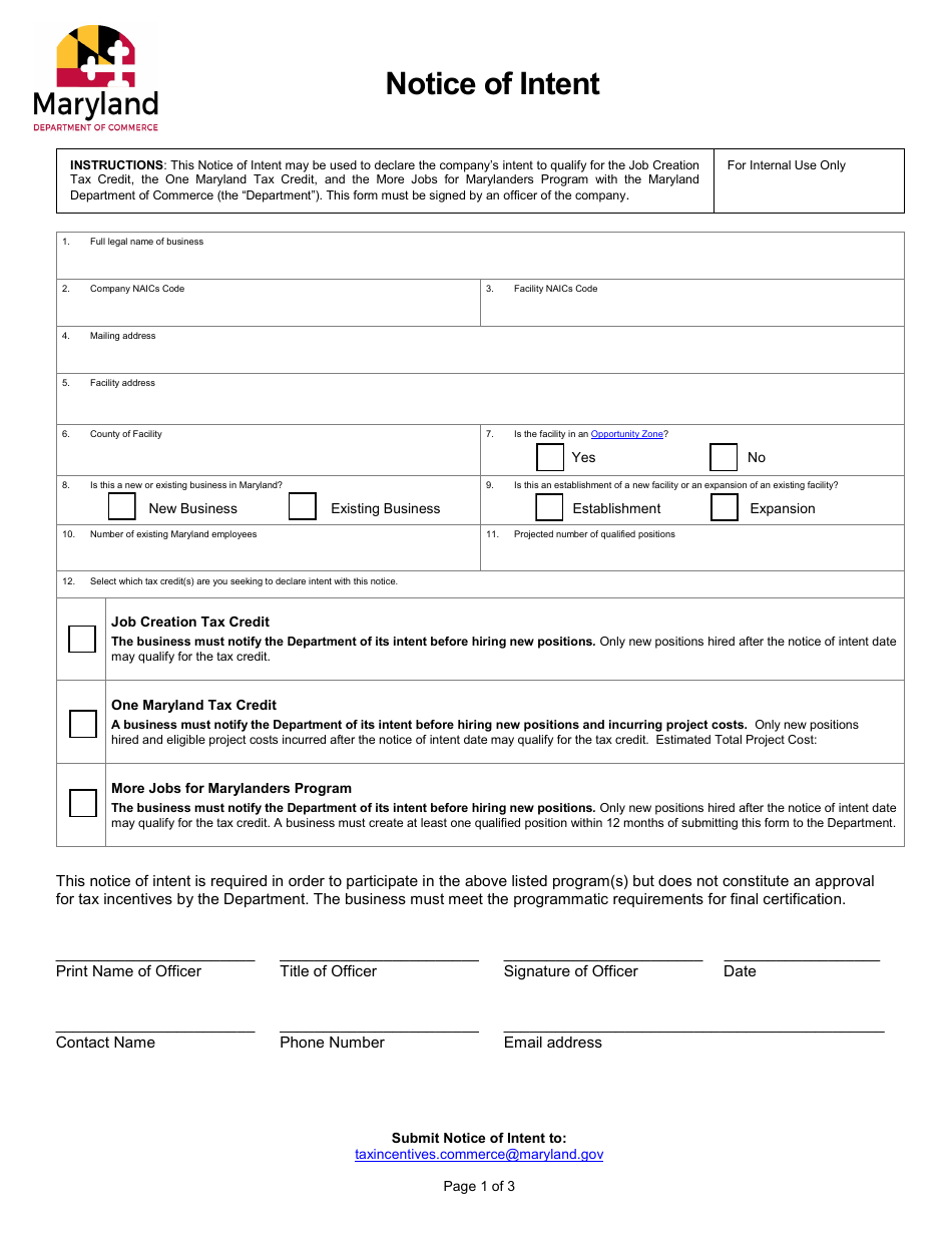 Maryland Notice of Intent More Jobs for Marylanders Incentive Program