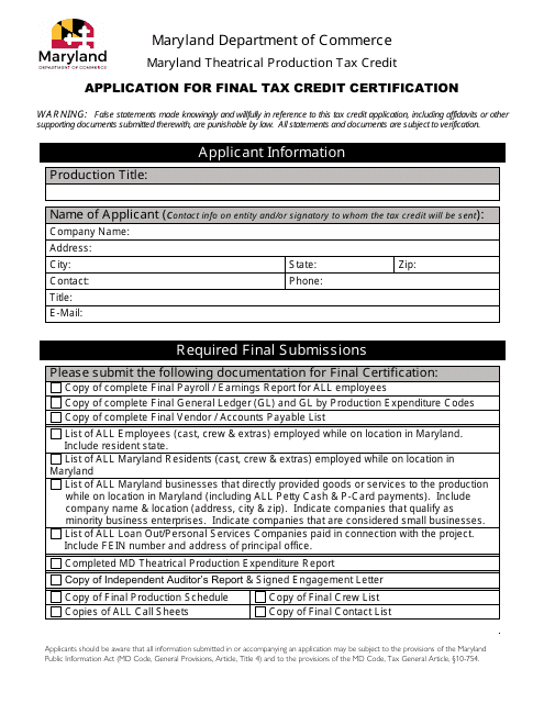 Application for Final Tax Credit Certification - Maryland Theatrical Production Tax Credit - Maryland
