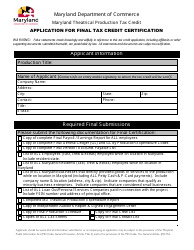 Application for Final Tax Credit Certification - Maryland Theatrical Production Tax Credit - Maryland