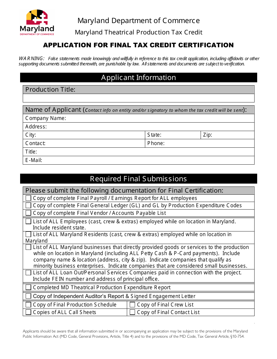 Application for Final Tax Credit Certification - Maryland Theatrical Production Tax Credit - Maryland, Page 1