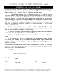 Application for Final Tax Credit Certification - Maryland Theatrical Production Tax Credit - Maryland, Page 2
