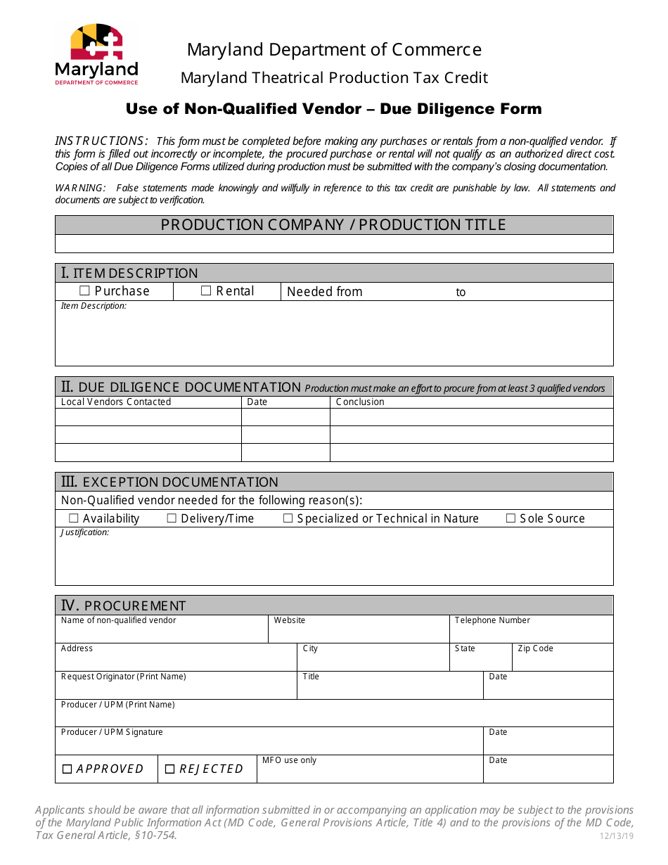 Use of Non-qualified Vendor - Due Diligence Form - Maryland Theatrical Production Tax Credit - Maryland, Page 1