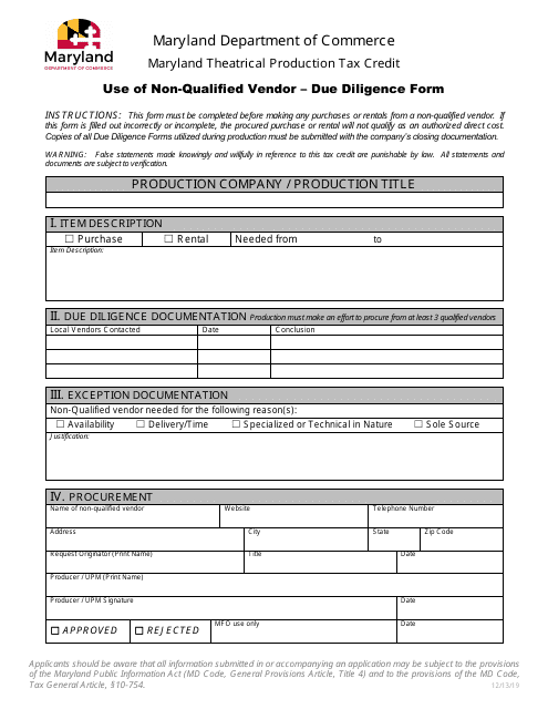 Use of Non-qualified Vendor - Due Diligence Form - Maryland Theatrical Production Tax Credit - Maryland