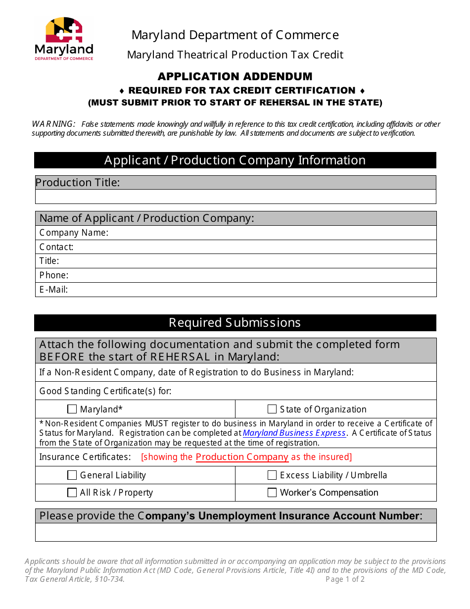 Application Addendum - Maryland Theatrical Production Tax Credit - Maryland, Page 1