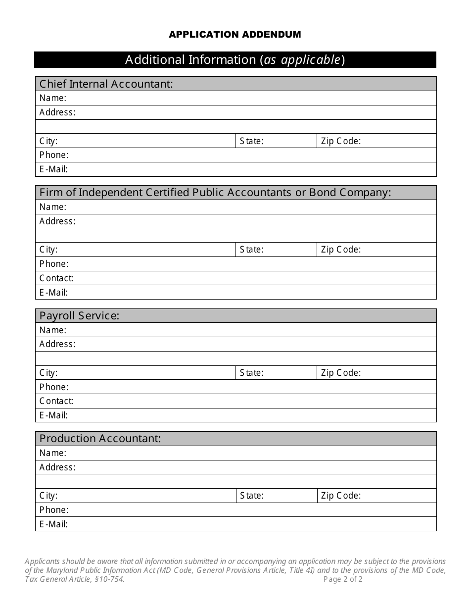 Application Addendum - Maryland Theatrical Production Tax Credit - Maryland, Page 2