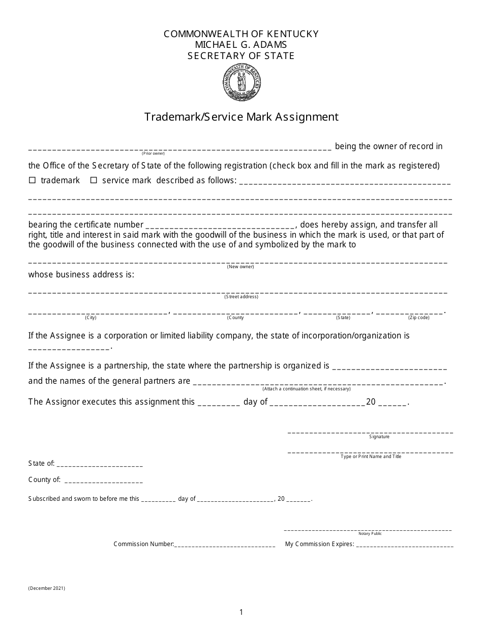 Trademark / Service Mark Assignment - Kentucky, Page 1