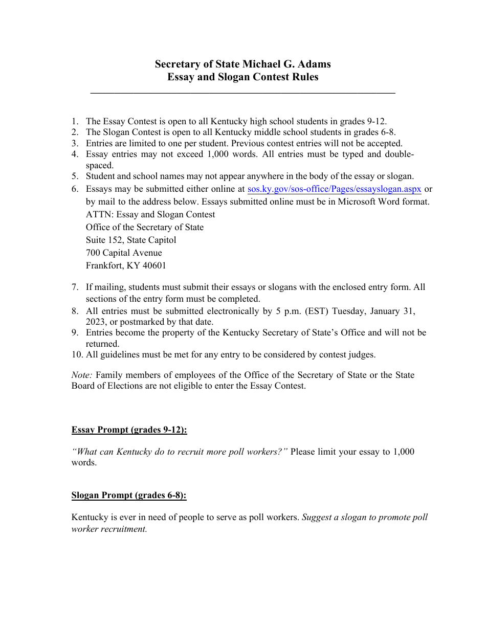 Essay / Slogan Contest Entry Form - Kentucky, Page 2