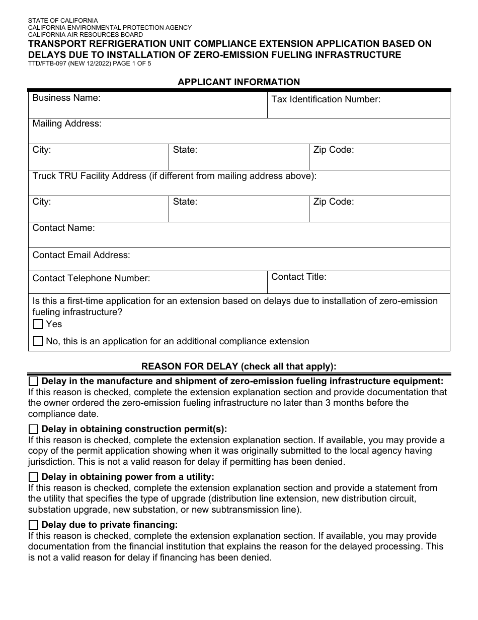 Form TTD / FTB-097 Transport Refrigeration Unit Compliance Extension Application Based on Delays Due to Installation of Zero-Emission Fueling Infrastructure - California, Page 1
