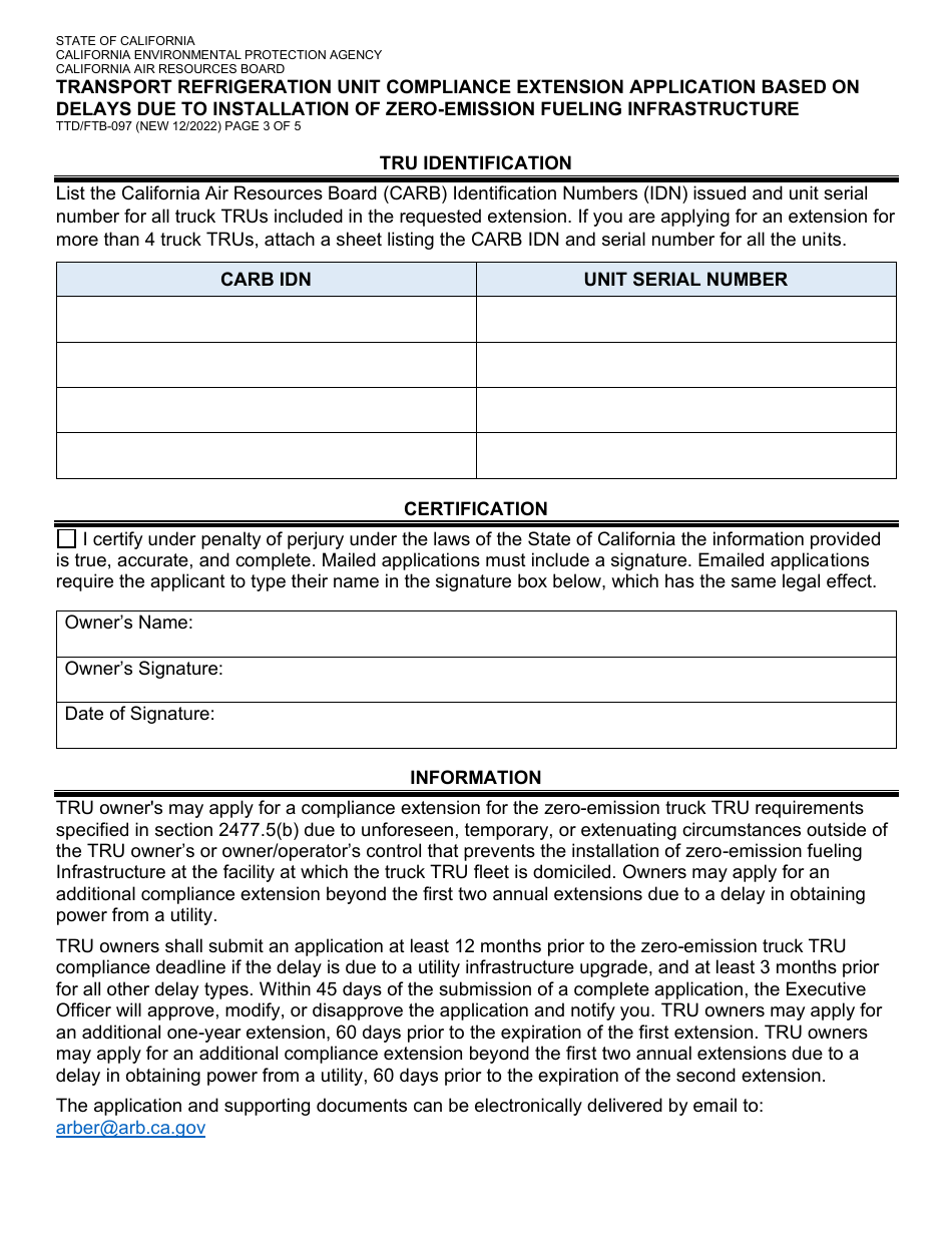 Form TTD / FTB-097 Transport Refrigeration Unit Compliance Extension Application Based on Delays Due to Installation of Zero-Emission Fueling Infrastructure - California, Page 3