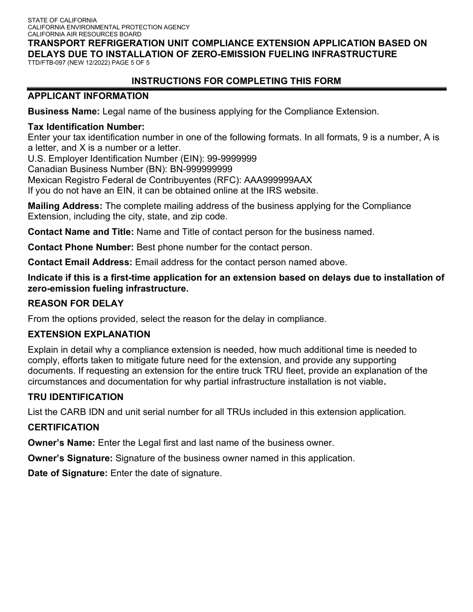 Form TTD / FTB-097 Transport Refrigeration Unit Compliance Extension Application Based on Delays Due to Installation of Zero-Emission Fueling Infrastructure - California, Page 5