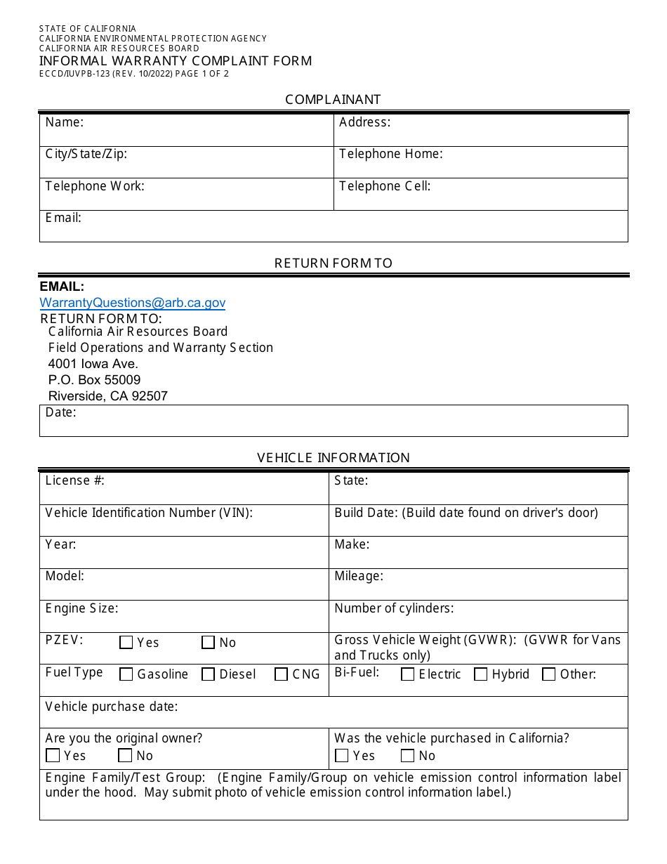 Form ECCD / IUVPB-123 Informal Warranty Complaint Form - California, Page 1