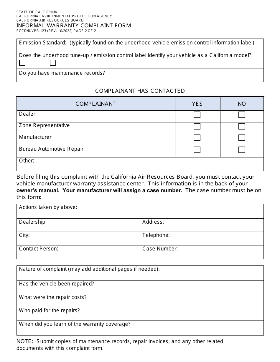 Form ECCD / IUVPB-123 Informal Warranty Complaint Form - California, Page 2
