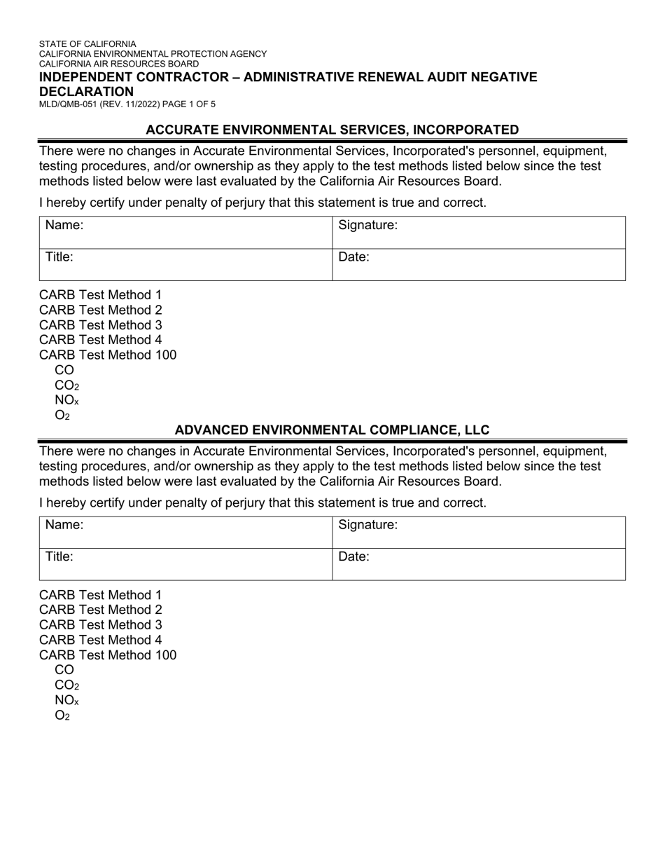 Form MLD / QMB-051 Independent Contractor - Administrative Renewal Audit Negative Declaration - California, Page 1