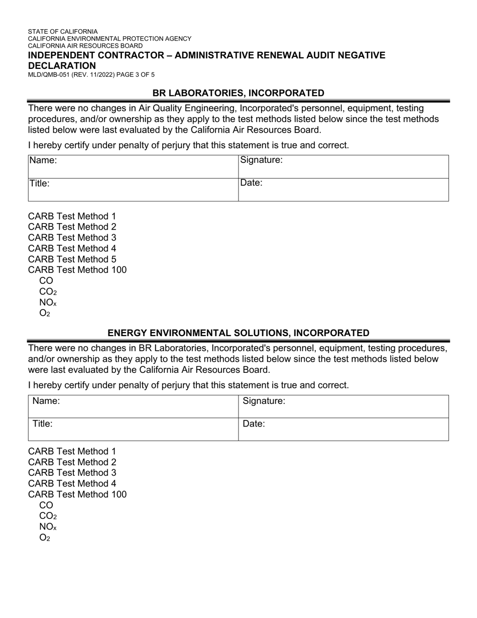 Form MLD / QMB-051 Independent Contractor - Administrative Renewal Audit Negative Declaration - California, Page 3