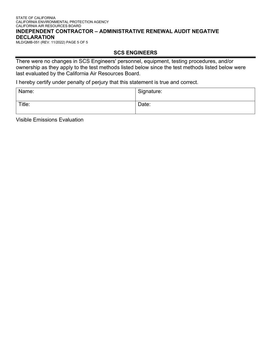 Form MLD / QMB-051 Independent Contractor - Administrative Renewal Audit Negative Declaration - California, Page 5