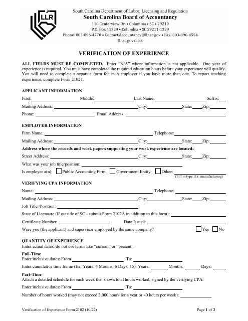 Form 2102 Verification of Experience - South Carolina