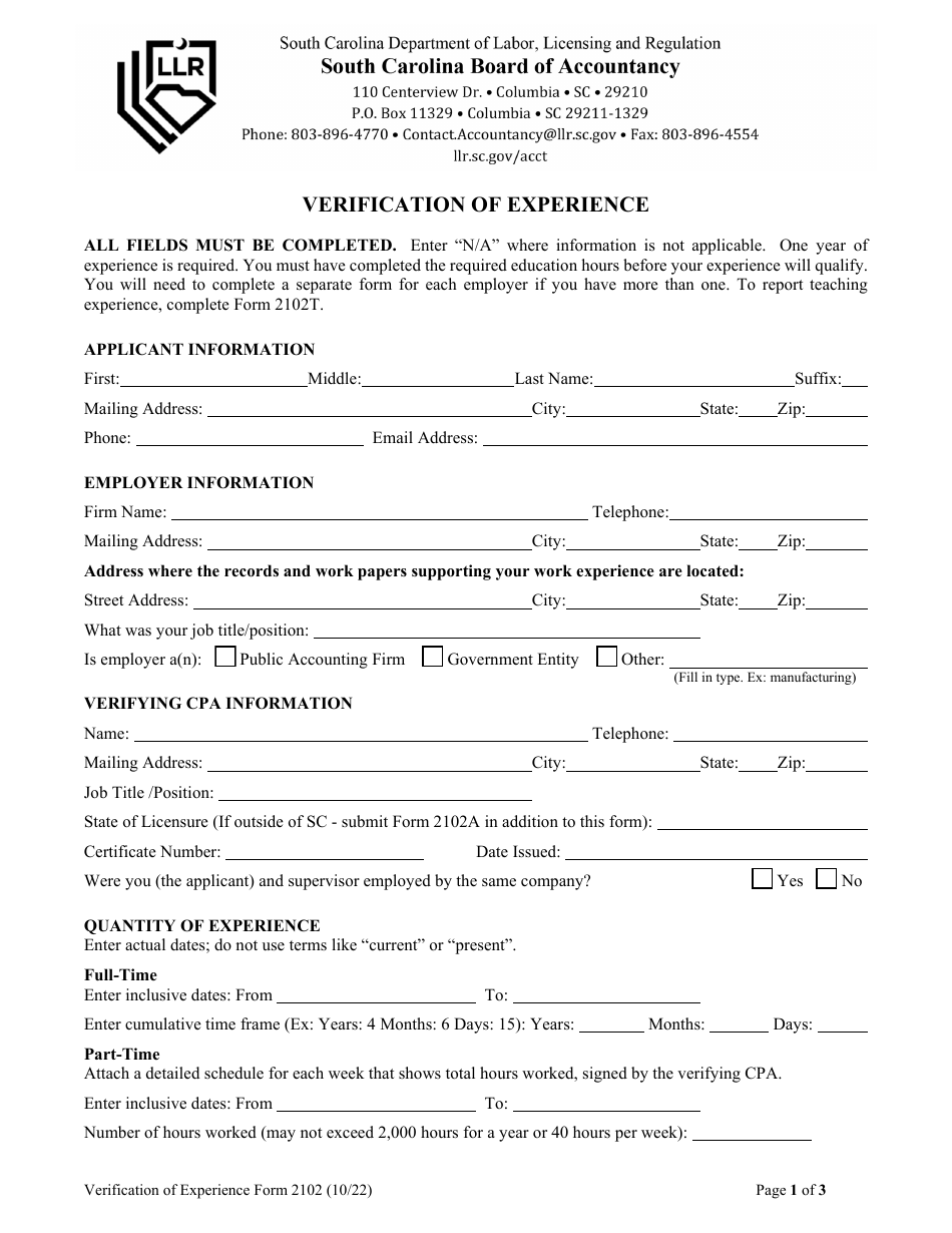 Form 2102 Verification of Experience - South Carolina, Page 1