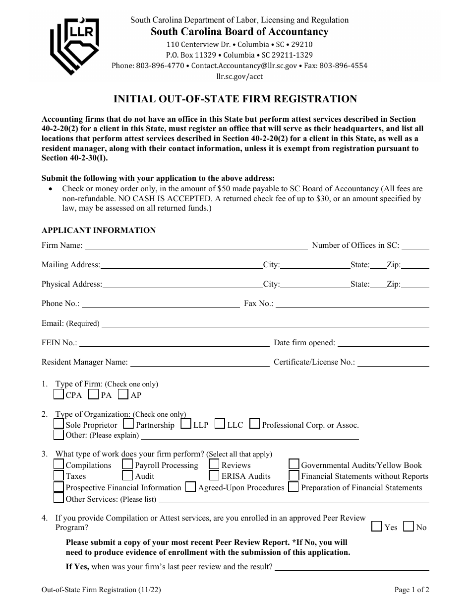 Initial Out-of-State Firm Registration - South Carolina, Page 1