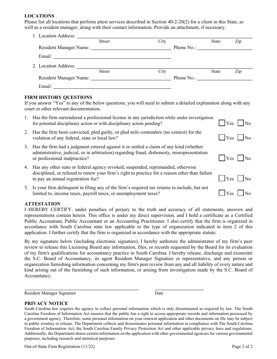 Initial Out-of-State Firm Registration - South Carolina, Page 2